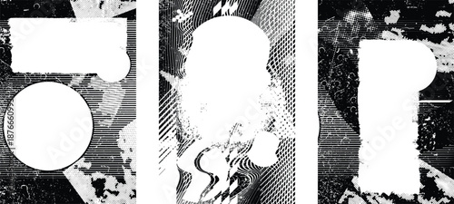 Grungy textured poster layers set. Design element for brochure, social media, posters, flyers. Overlay texture.Textured banner with Distress effect .Vector halftone dots . Screen print texture