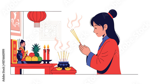 Vector illustration of a Chinese woman offering incense at a home altar, respectful Chinese New Year tradition and cultural celebration activity