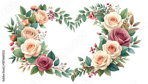 Berry accented rose heart wreath, clean center message area. Wildflower foliage loop, marriage invite illustration. Rustic bouquet emblem, premium product label backdrop