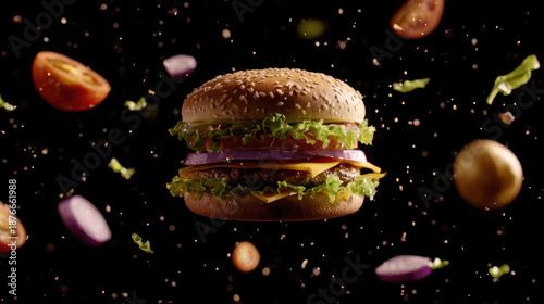 Tall juicy burger fresh ingredients dark studio