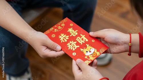 Hands passing red envelope for Lunar New Year