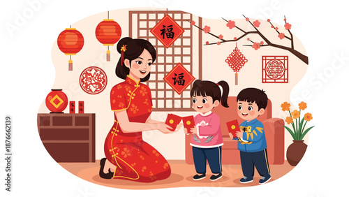 Flat vector illustration of a Chinese woman giving red envelopes to children, warm Chinese New Year family tradition and celebration concept