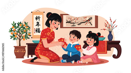 Flat vector illustration of a Chinese woman giving red envelopes to children, warm Chinese New Year family tradition and celebration concept