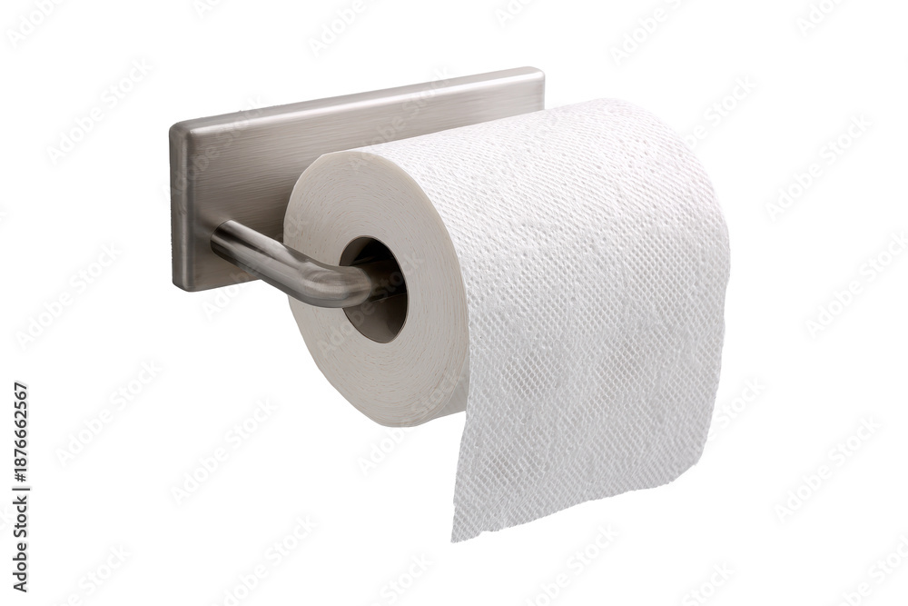 Obraz premium Wall mounted toilet paper holder with a roll and short sheet hanging down, clean dispenser housing, subtle perforation detail and smooth paper texture isolated on transparent background.