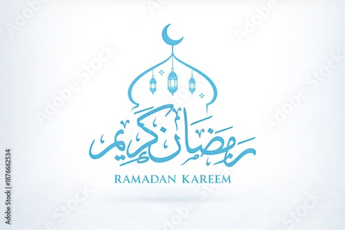 Blue Arabic Ramadan Kareem calligraphy with mosque outline and hanging lanterns, simple Islamic greeting logo design isolated on the white background