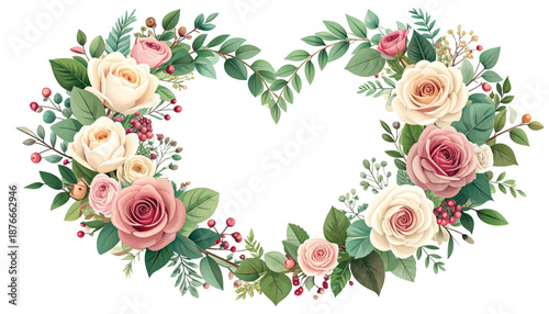 Airy garden heartshape frame, blank middle card design. Soft rosevine ornament, ceremony announcement artwork. Greenleaf blossom crest, boutique marketing visual