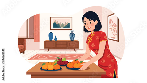 Vector illustration of a Chinese woman placing oranges and symbolic fruits on a table, Chinese New Year prosperity tradition concept