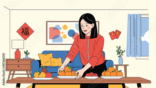 Vector illustration of a Chinese woman placing oranges and symbolic fruits on a table, Chinese New Year prosperity tradition concept