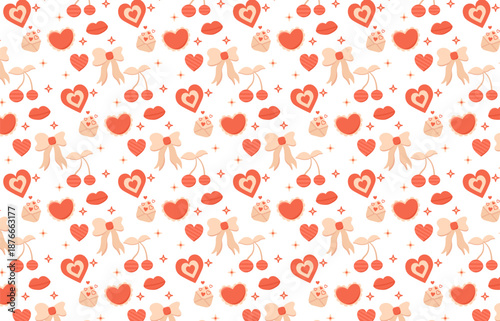 Cute Valentine pattern seamless with fun and festive valentine love element hand drawn illustration isolated on white background. Hearts, letters, lips bows