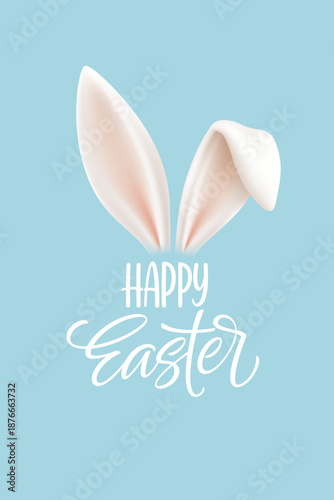 Happy Easter bunny with colorful eggs on spring meadow background. Cute 3D rabbit illustration with flowers, butterflies and festive greeting card design elements