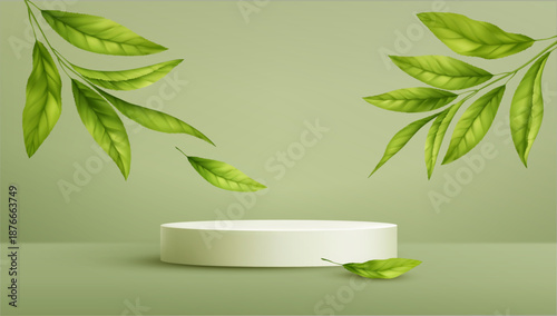 Green leaf podium with fresh foliage creates natural botanical stage for organic product display, perfect for spring cosmetic presentation with falling leaves
