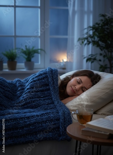 Woman peacefully sleeping with tea and book nearby at night