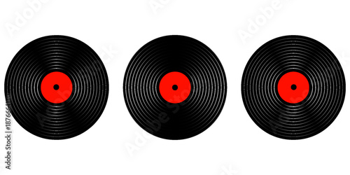 Set of vinyl records. LP or long play music plates for gramophone isolated on white background. DJ discs for techno party. 70s 80s 90s discotheque nostalgia concept. Vector flat illustration.