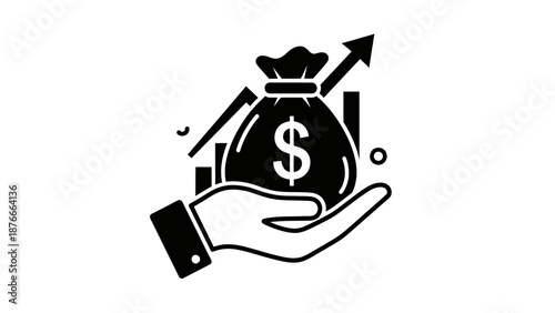 Hand holding money bag with dollar sign and growing arrow on graph, isolated white background.