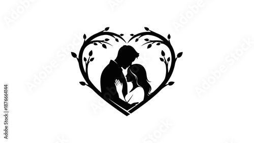 Silhouette of loving couple embracing inside a heart-shaped tree frame, isolated white background.