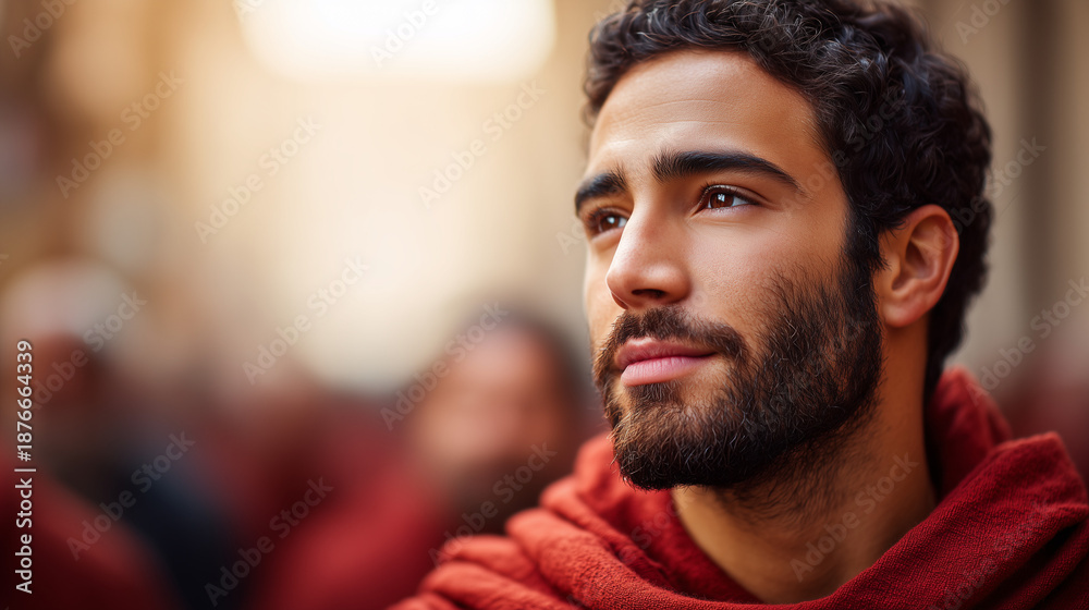 Fototapeta premium Thoughtful man wearing red cloak looking thoughtfully in historical city setting. Man in red cloak reflects on life while surrounded by other individuals also in traditional attire.