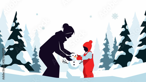 Mother child enjoying winter playtime, constructing snowman in snowy forest. Wholesome winter playtime illustrates two silhouettes building snow figure with pine trees, falling snow.