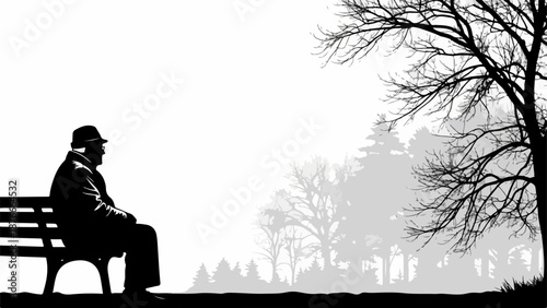 Silhouette of lonely man sitting on park bench, looking into foggy distance in grayscale park scene. Older lonely man rests calmly surrounded by nature,