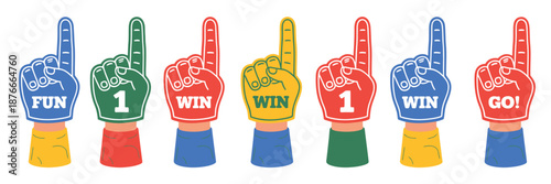 Colorful foam finger hand illustration, showing number one fan gesture and sports cheering symbol