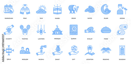 Ramadhan Icon Set. Containing Pray, Kaaba, Fasting, Lantern, Mosque, Quran, Zakat Icon. Lineal Blue Style
