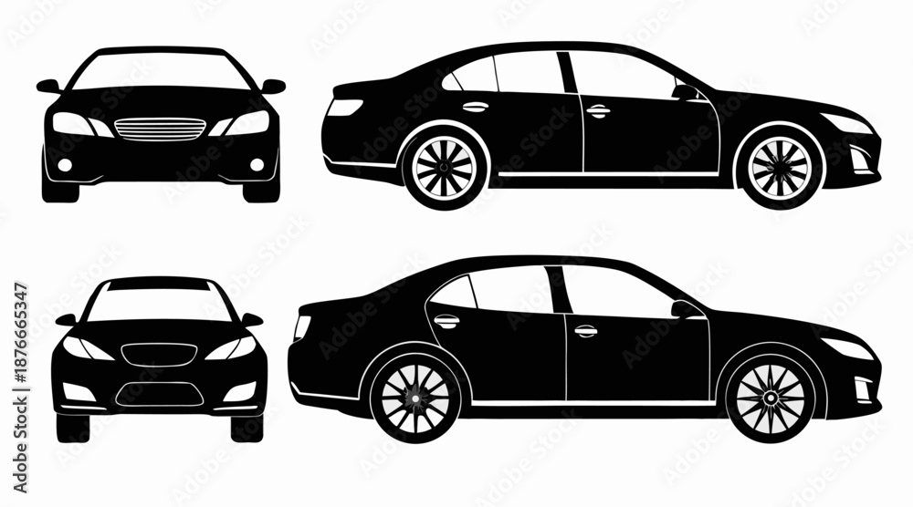 Fototapeta premium Modern Car Silhouette Vector Set Four View Angles Illustration
