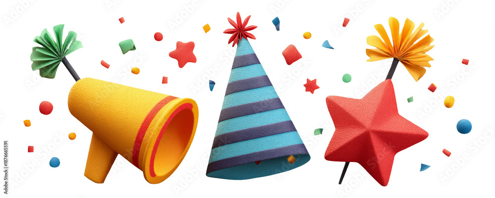 Obraz premium Colorful Celebration Clipart with Party Hats, Streamers, and Festive Decorations