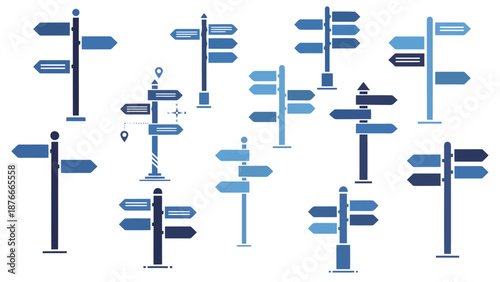 Set of blue push pins featuring a religious crucifix icon and anchor symbol vector illustration in a silhouette pattern design for church sign tattoo concepts