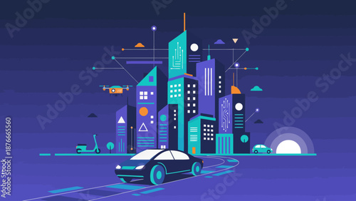 Urban night cityscape with cars driving on a street illuminated by traffic lights under a starry sky with skyscraper silhouettes and architecture windows