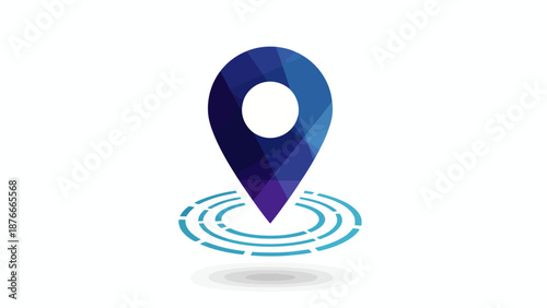 A blue 3D map pointer icon serves as a professional vector navigation marker and GPS location symbol for web design, business travel info, and internet direction sign illustration