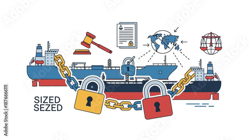 Illustration of a cargo ship with locks, chains, and a gavel, symbolizing US operations in Venezuela, geopolitical relations, and oil trade with global implications.
