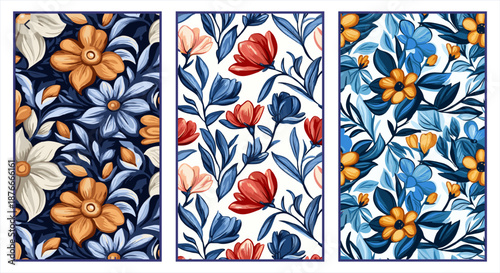 Set of three elegant seamless patterns featuring blooming flowers in a classic navy blue, orange, and red color palette. Sophisticated vector illustrations for textiles and decor.