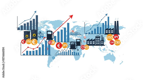 Infographic illustration of global oil production and US operations in Venezuela, highlighting geopolitical relations, national statistics, and global pros and cons on a world map with