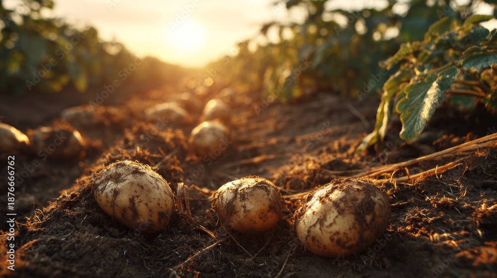 Obraz premium potato cultivation in the soil with sun in the background