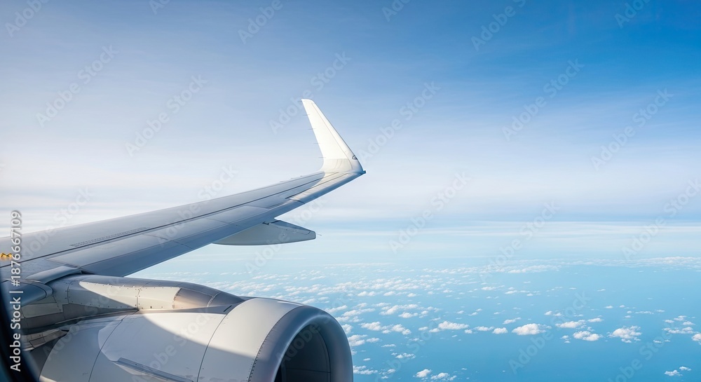 Fototapeta premium A view from an airplane window, showcasing the wing and the sky with clouds.