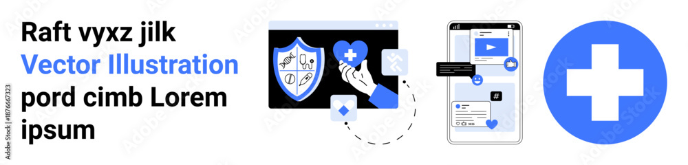 Obraz premium Healthcare, digital protection, telemedicine, health apps, online consultations, medical technology. Shield with heart, mobile interface showing health app and medical cross icon. Healthcare