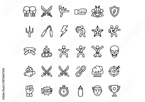 Ultimate Combat & Martial Arts Vector Icon Set, Professional Fighting League Black and White Symbols, Modern MMA and Self-Defense Line Art Collection
