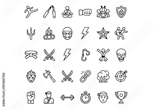 Ultimate Combat & Martial Arts Vector Icon Set, Professional Fighting League Black and White Symbols, Modern MMA and Self-Defense Line Art Collection
