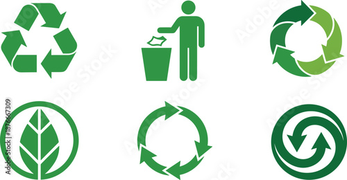Green recycling symbols set, eco waste management, sustainability icons, circular economy, environmental protection, reuse reduce recycle concept illustration