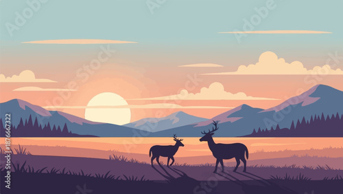 Silhouetted deer graze near a serene lake at sunset, with majestic mountains in the background