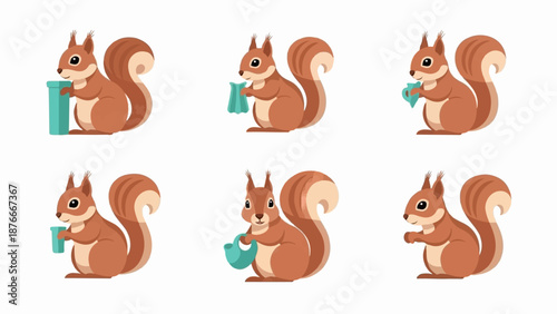 Six cartoon squirrels interacting with teal-colored objects