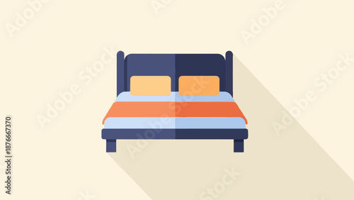 Simple flat illustration of a double bed with orange and blue bedding