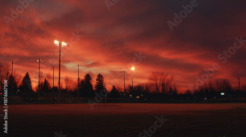 Sunset sky red cloud dramatic sky sports field empty stadium stadium light evening light twilight scene outdoor landscape winter tree sunset sky with red cloud and dramatic sky over sports field