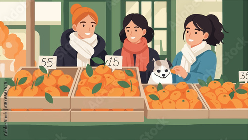Smiling people and dog at a fruit stand