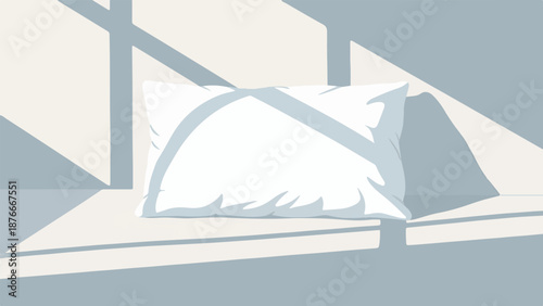 Soft white pillow bathed in geometric sunlight shadows on a muted surface