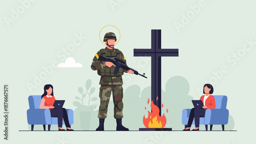 Soldier with rifle and halo stands by a cross and fire, two women use laptops