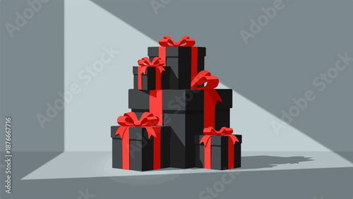 Stacked dark boxes with red ribbon bows and streamers cast shadows in a minimalist setting