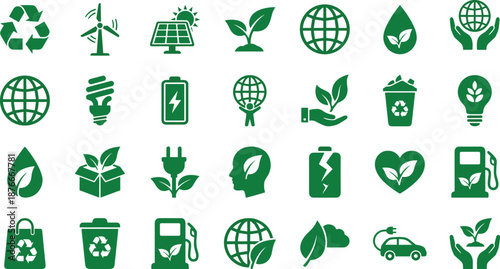 Eco sustainability and renewable energy icons set, recycling symbols, green technology, clean power, electric transport, environmental protection, flat vector illustration