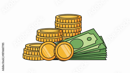 Stacks of gold coins and green banknotes arranged on a white background