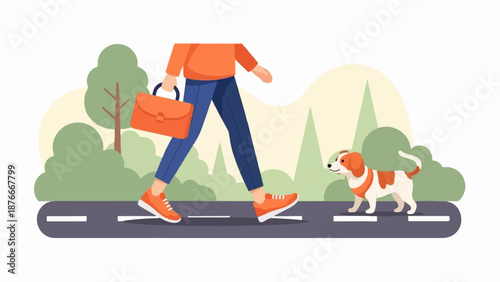 Person in orange shirt, blue pants, orange shoes walks dog on path with trees