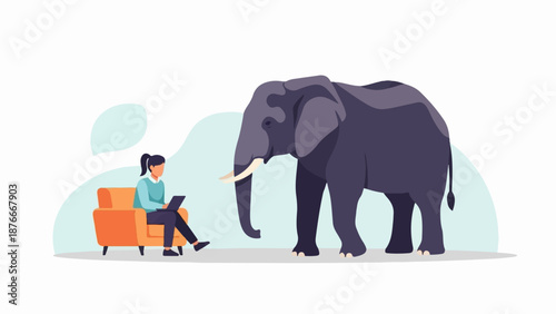 Person on couch with laptop facing a large elephant in minimalist style